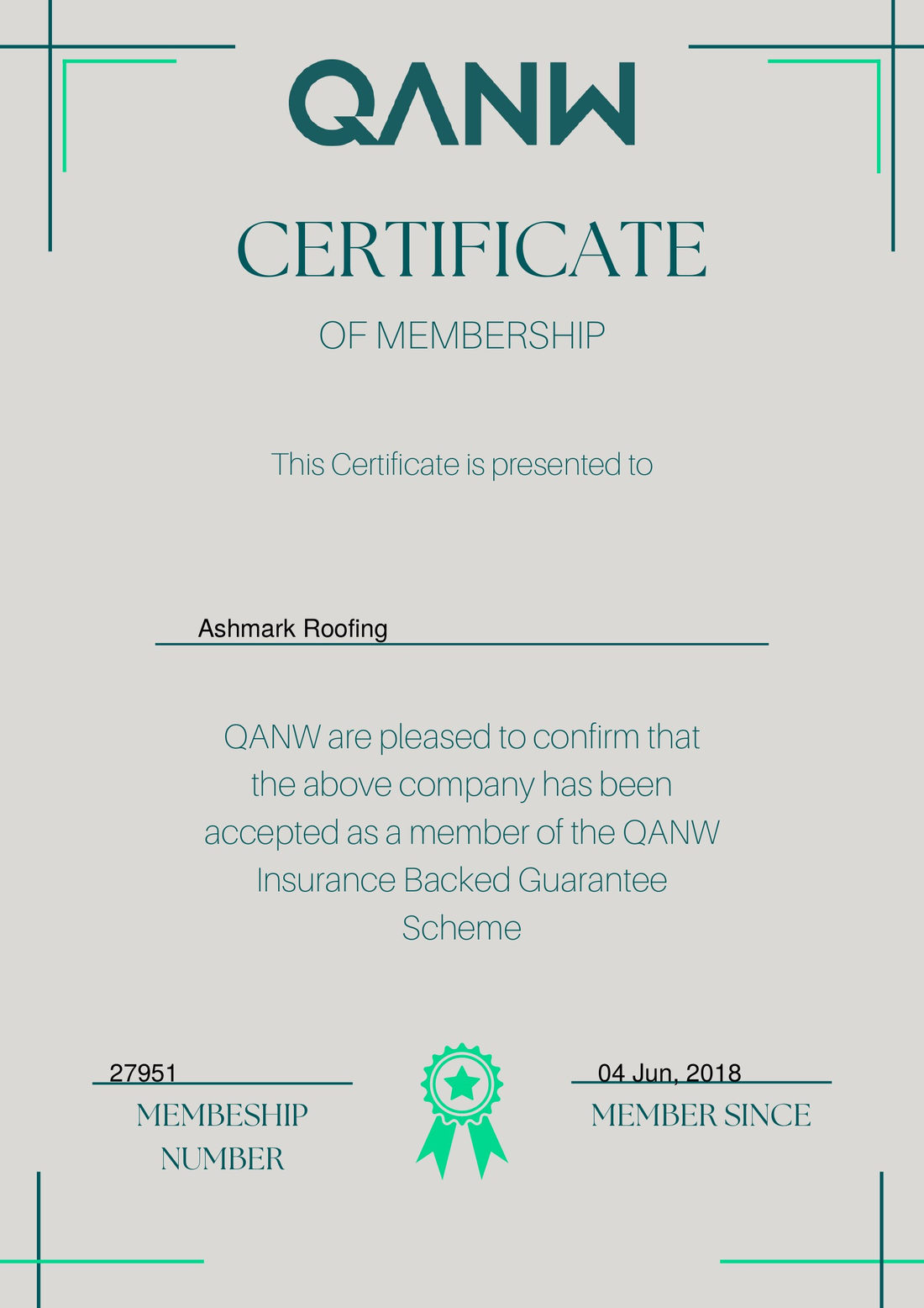 QANW Insurance Backed Guarantee certificate of membership